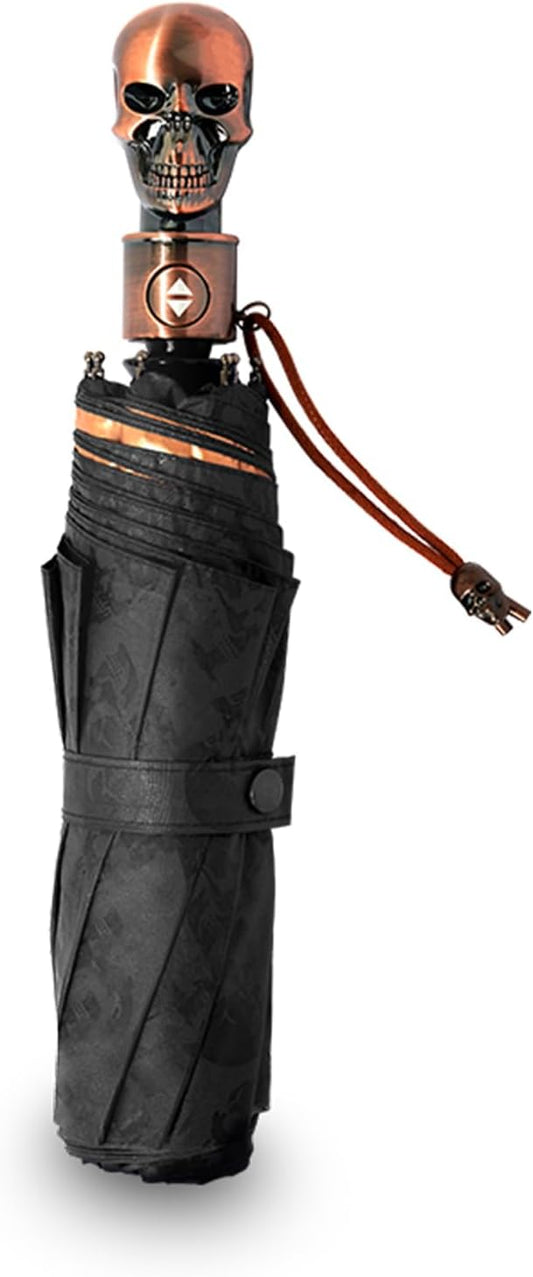 Gothic Skull Umbrella Compact Portable Automatic Folding with Golden Skull Handle Dark Blue with Gold UV Coating