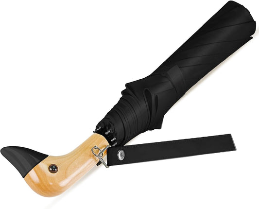 LEAGERA Cute Duck Head Umbrella - Auto Open & Manual Close Easy Folding Portable Lightweight Umbrella for Rain Wood Handle Duck Gifts