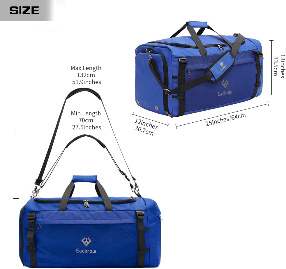 Eackrola Large Sports Gym Bag, Travel Duffel bag with Wet Pocket & Shoes Compartment for men women, 65L, Lightweight