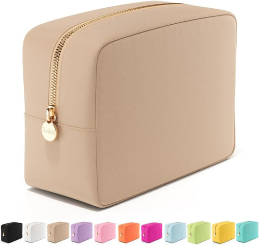 Embla Makeup Bag Travel Cosmetics Pouch and Toiletry Bag, Nylon Zipper Pouch Purse, Cute Make Up Organizer Storage Tote for Women Girls, Waterproof Travel Skincare Case, Large Makeup Bags, Sand