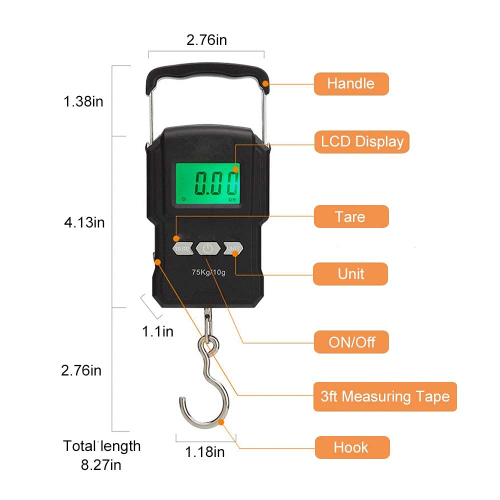 Rechargeable Lugagge Scale Portable Electronic Hook Scale Digital Hanging Bag Luggage Weight Scale Fishing Scale with Measuring Tape 165Lb Black