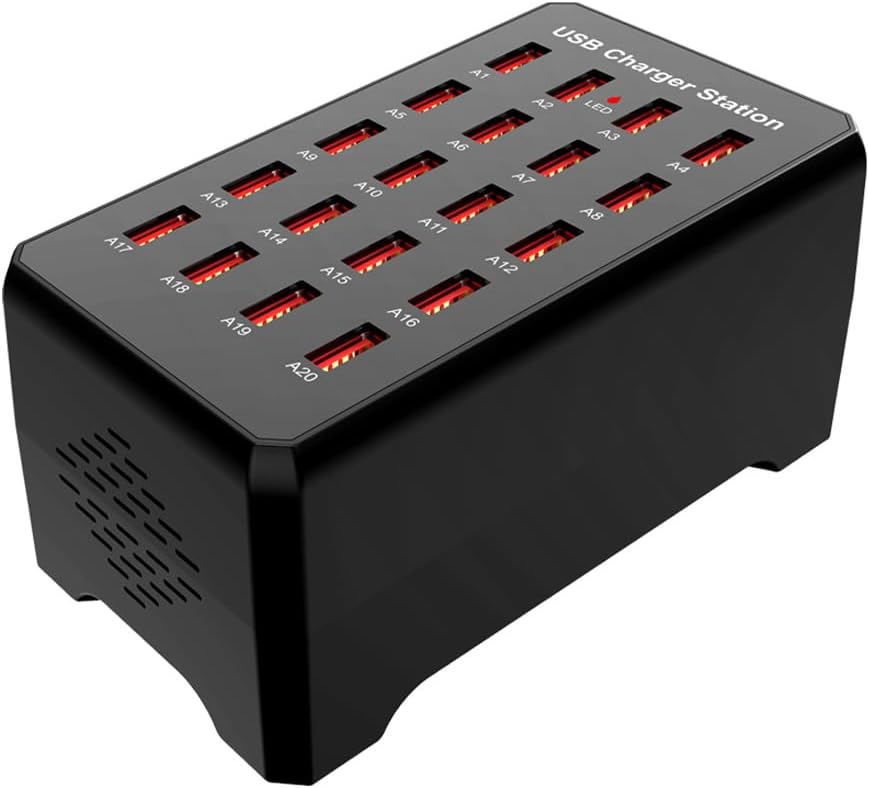 100W 20-Port Multi-Device USB Charging Station - Supports simultaneous Charging for Smartphones, Tablets, smartwatches and Other USB-Powered Devices.(20-Port Charging Station - Black)
