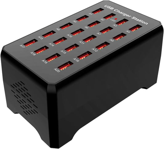 100W 20-Port Multi-Device USB Charging Station - Supports simultaneous Charging for Smartphones, Tablets, smartwatches and Other USB-Powered Devices.(20-Port Charging Station - Black)