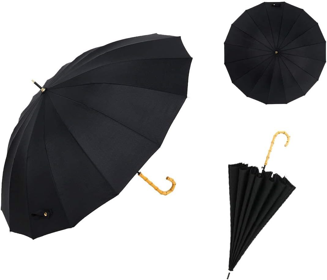 ThreeH Bamboo Stick Umbrella Auto Open Solid Color Fashionable and Simple 190T 16 Ribs,KS08 Green