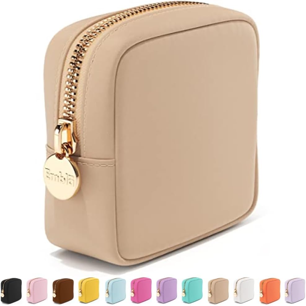 Embla Makeup Bag Travel Cosmetics Pouch and Toiletry Bag, Nylon Zipper Pouch Purse, Cute Make Up Organizer Storage Tote for Women Girls, Waterproof Travel Skincare Case, Small Makeup Bags, Sand