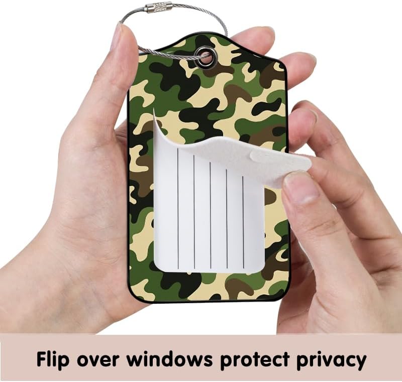 2 Pack Camouflage Leather Luggage Tags for Suitcases, Travel Bag Tags with Privacy Cover ID Label with Stainless Steel Loop for Women Men Girls Backpack Gift (Green)