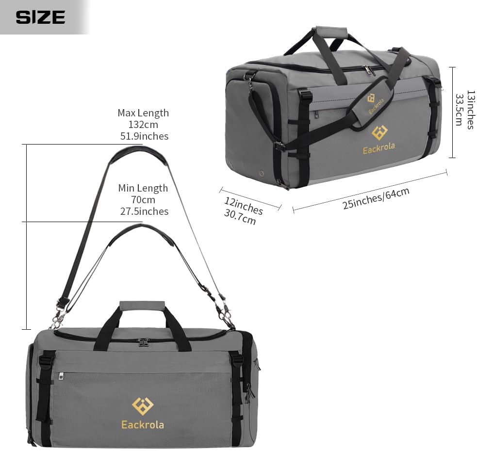 Eackrola Large Sports Gym Bag, Travel Duffel bag with Wet Pocket & Shoes Compartment for men women, 65L, Lightweight（Light Gray）