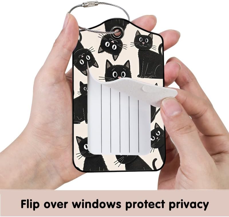 2 Pack Black Cat Leather Luggage Tags for Suitcases, Travel Bag Tags with Privacy Cover ID Label with Stainless Steel Loop for Women Men Girls Backpack Gift (Black)