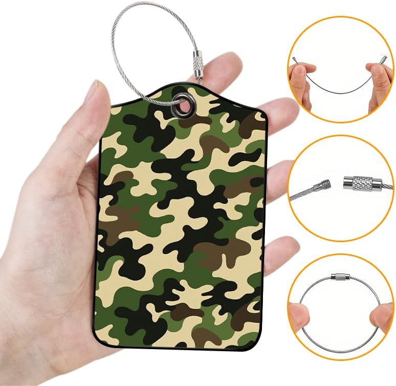 2 Pack Camouflage Leather Luggage Tags for Suitcases, Travel Bag Tags with Privacy Cover ID Label with Stainless Steel Loop for Women Men Girls Backpack Gift (Green)