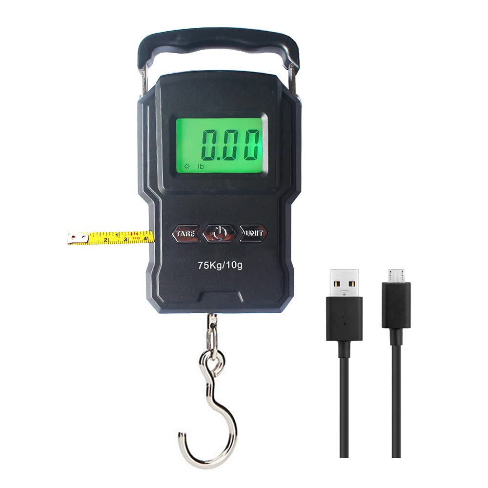 Rechargeable Lugagge Scale Portable Electronic Hook Scale Digital Hanging Bag Luggage Weight Scale Fishing Scale with Measuring Tape 165Lb Black