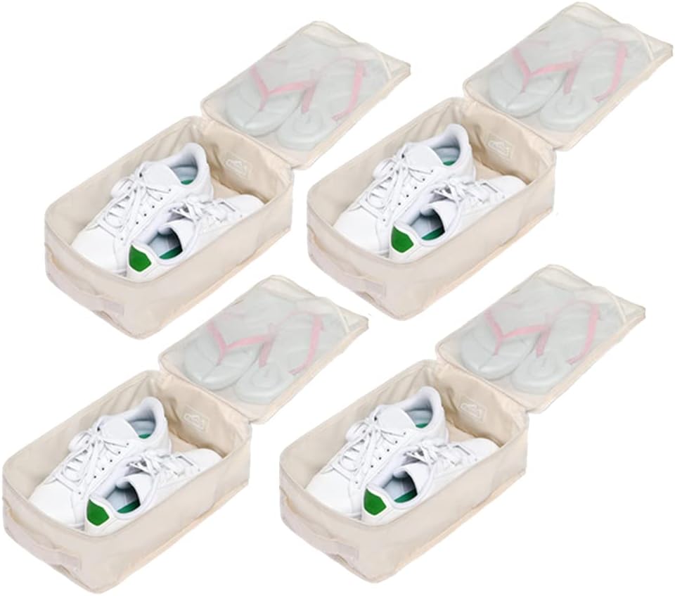 Travel Shoe Bags, Foldable Waterproof Shoe Pouches Organizer-Double Layer (4 Cream Shoe Bag)