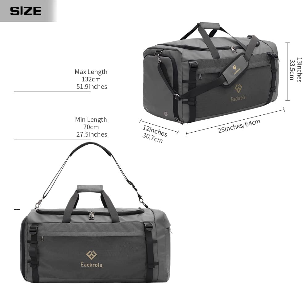 Eackrola Large Sports Gym Bag, Travel Duffel bag with Wet Pocket & Shoes Compartment for men women, 65L, Lightweight
