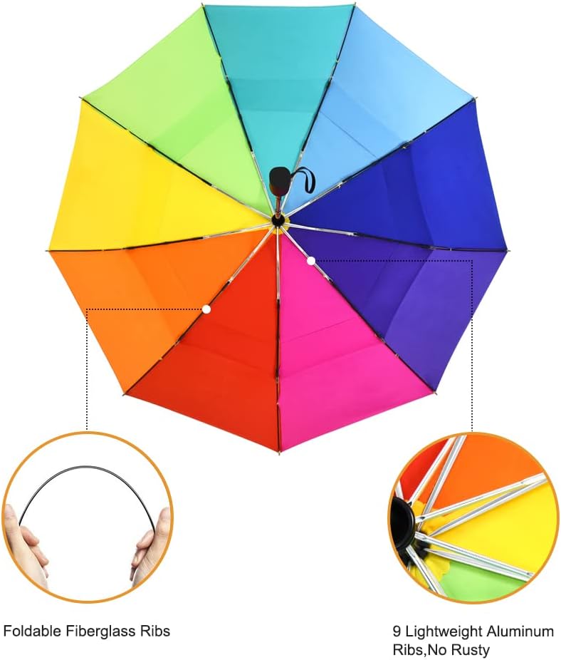 LEAGERA Rainbow Umbrella for Adults - 2 Pack, Smal Travel Umbrellas for Rain&Sun, Small, Compact, Light, Folding and Portable Rainbow Umbrella For Backpack Umbrella, Automatic Open &Close