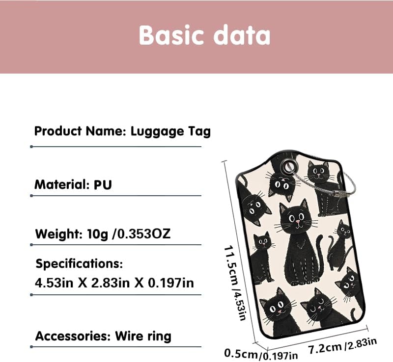 2 Pack Black Cat Leather Luggage Tags for Suitcases, Travel Bag Tags with Privacy Cover ID Label with Stainless Steel Loop for Women Men Girls Backpack Gift (Black)