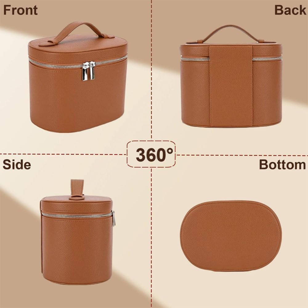 Leather Make Up Bags With Compartments, Brown travel Cosmetic Bags for Women, Parallel Makeup Travel Bags Organizer Equipped With a Detachable Divider