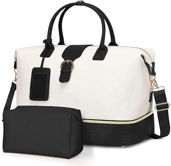 Leather Weekender Bags for Women, Travel Duffel Bag PU Overnight Bag Carry On Tote Bag with Shoe Compartment Wet Pocket