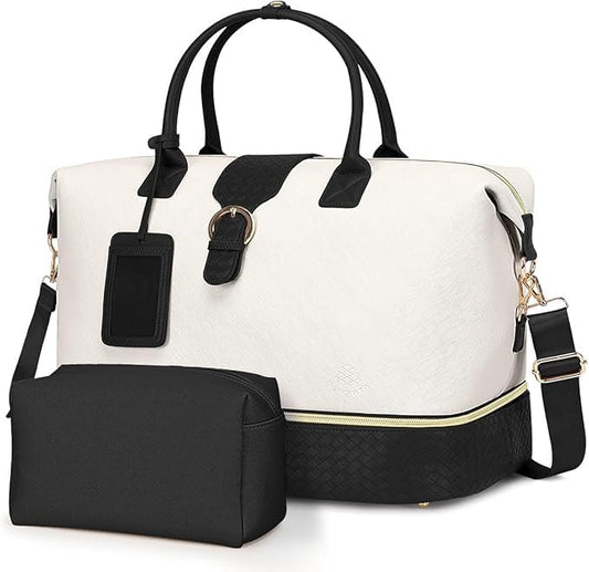 Leather Weekender Bags for Women, Travel Duffel Bag PU Overnight Bag Carry On Tote Bag with Shoe Compartment Wet Pocket