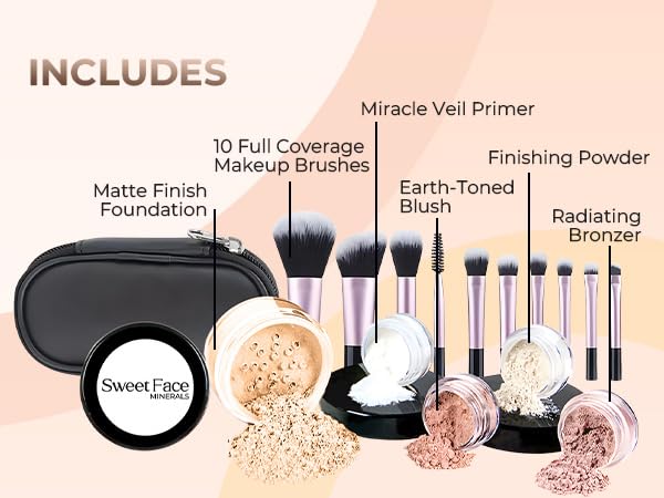 16pc Beginner Mineral Makeup STARTER KIT with 10 BRUSH SET (5gm)Sample Size Foundation, Primer, Blush, Bronzer, Setting Powder for Learning, Occasional Use & First Time Users, Travel Size Kit (Fair 1)