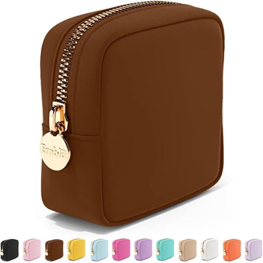 Embla Makeup Bag Travel Cosmetics Pouch and Toiletry Bag, Nylon Zipper Pouch Purse, Cute Make Up Organizer Storage Tote for Women Girls, Waterproof Travel Skincare Case, Small Makeup Bags, Chocolate