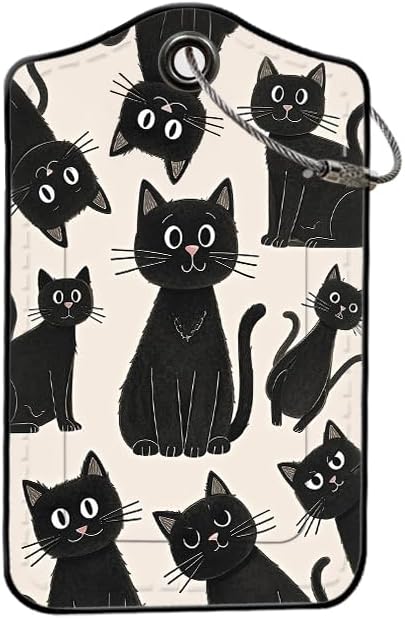 2 Pack Black Cat Leather Luggage Tags for Suitcases, Travel Bag Tags with Privacy Cover ID Label with Stainless Steel Loop for Women Men Girls Backpack Gift (Black)