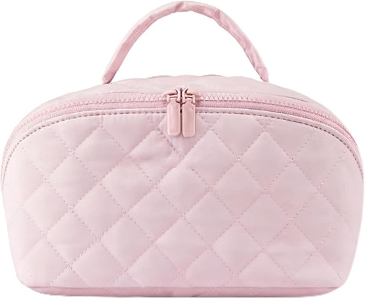 Petition Travel Makeup Bag for Woman,Festivalment Lay Flat Makeup Bag, Wide Open Water-Resistant Cosmetic Case,Puffy Padded Organizer for Toiletries & Brushes Large Capacity with Compartments (pink)