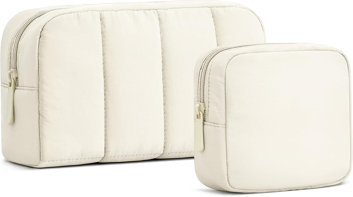 oscaurt 2 Pcs Makeup Bag Travel Toiletry Bag for Women Puffy Padded Cosmetic Pouch Purse Wide-open Makeup Organizer Case Travel Essentials