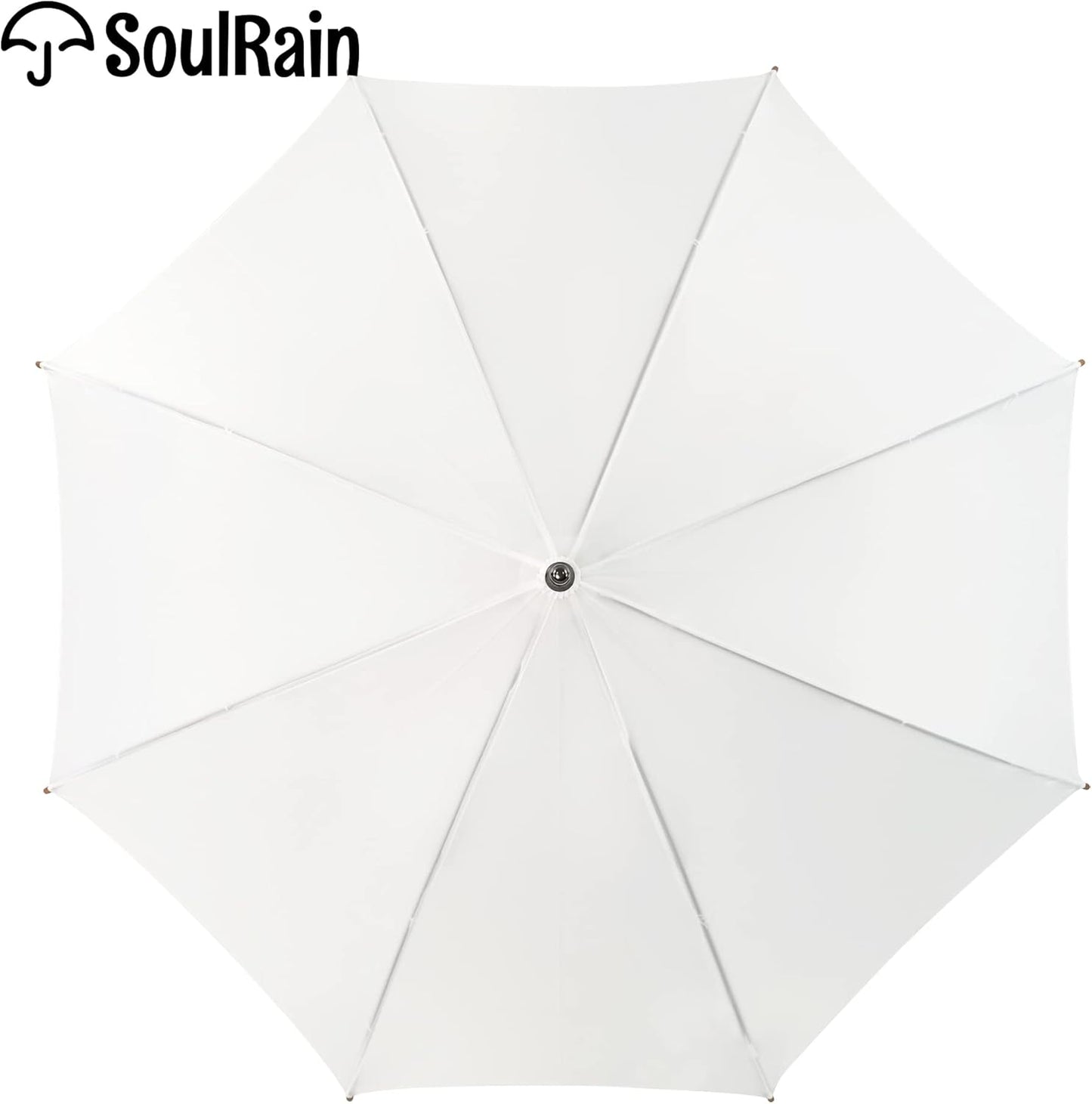 SoulRain 48" White Stick Umbrella – Large Windproof Wedding Umbrella for Rain, Automatic Open, Vintage Cane Umbrella with Wooden Handle & Shaft, Elegant Parasol for Women & Men(White)