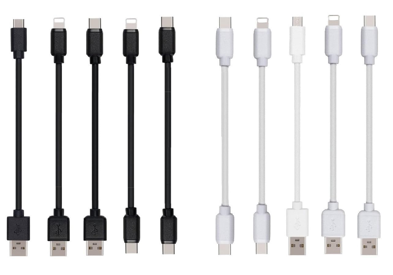 10-Pack Multi Short USB Cables & TypeC-C Cables for Charging Stations Compatible/w iPhone16/15, iPhone5-14/ iPads/iPad mini/iPad Pros/Samsung Moblies & Tablets/Pixel & Nexus/HTC/Sony(White)
