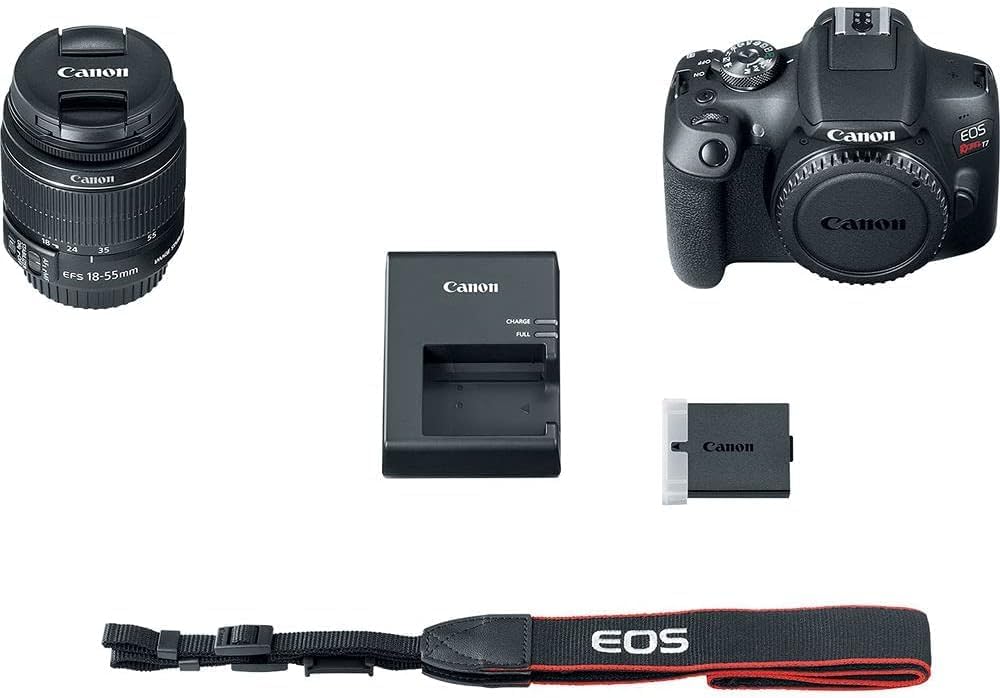 Canon EOS Rebel T7 DSLR Camera with 18-55mm Lens Starter Bundle + Includes: Shoulder Bag + 64GB Card + Clean and Care Kit + More (Renewed)
