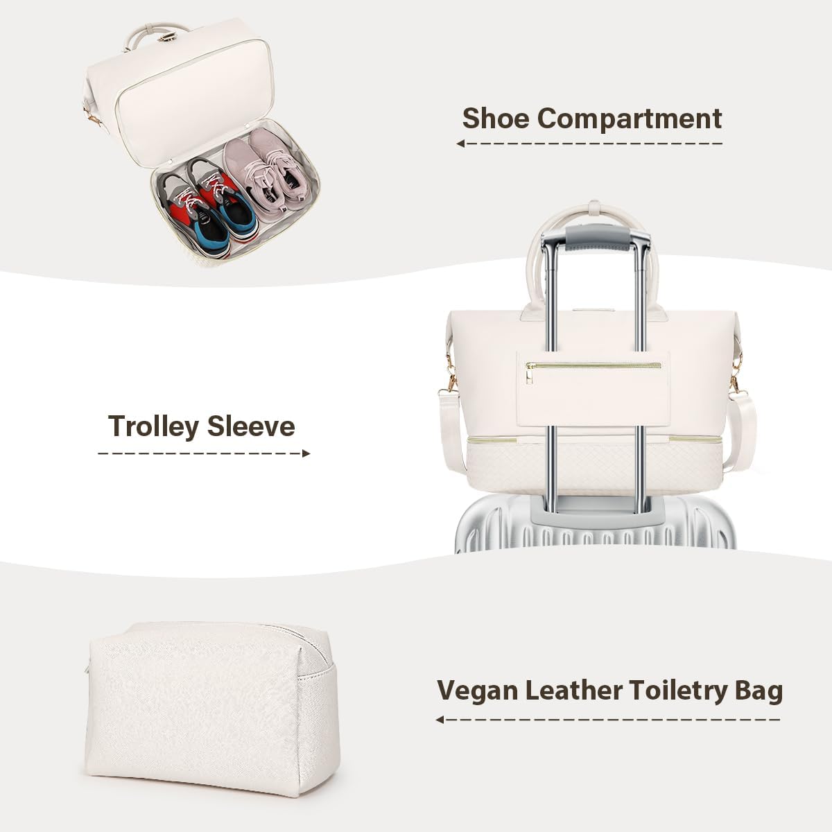 Leather Weekender Bags for Women, Travel Duffel Bag PU Overnight Bag Carry On Tote Bag with Shoe Compartment Wet Pocket