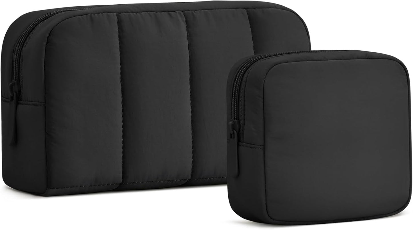 oscaurt 2 Pcs Makeup Bag Travel Toiletry Bag for Women Puffy Padded Cosmetic Pouch Purse Wide-open Makeup Organizer Case Travel Essentials