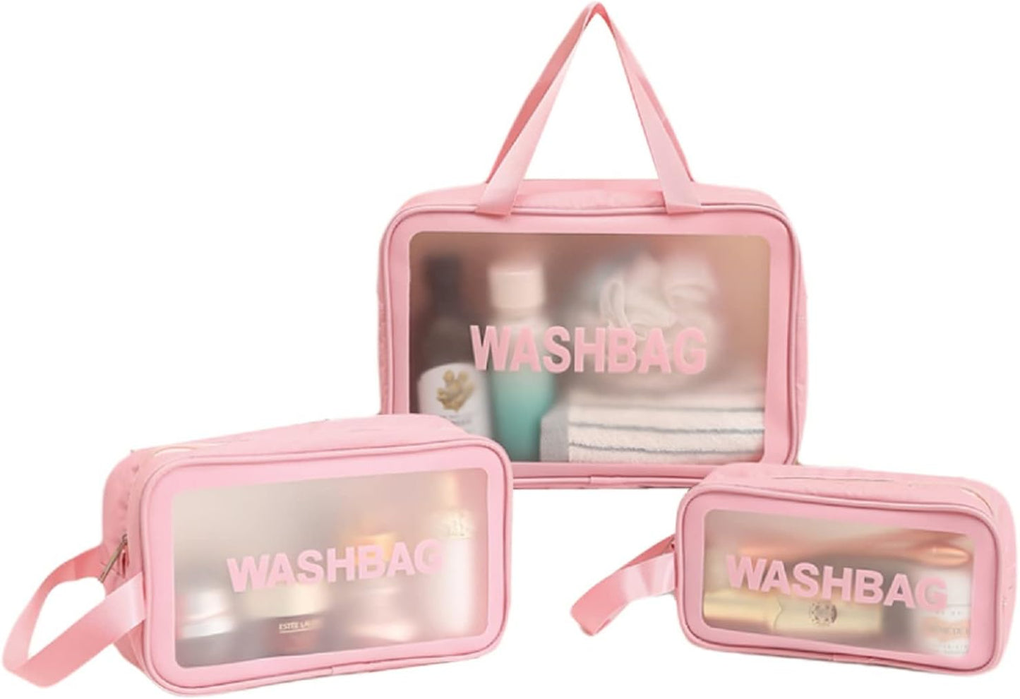 Clear Travel Bags for Toiletries, 3Pcs Portable PVC Waterproof Cosmetic Bags, Transparent Travel Storage Carry Pouch, Toiletry Bags and Cosmetics Organizer for Women Men (Pink)
