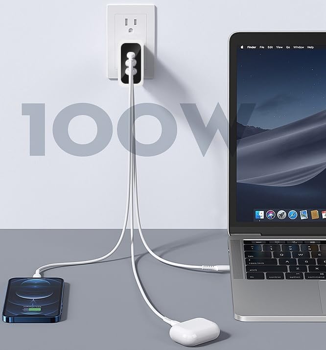 Fast 100W Dual USB-C Plus USB-A Charger - GaN Power Delivery - Fast Compact Power Adapter for Laptops, Smart Phones, Tablets and Thousands of Other Devices (Black, 100W)