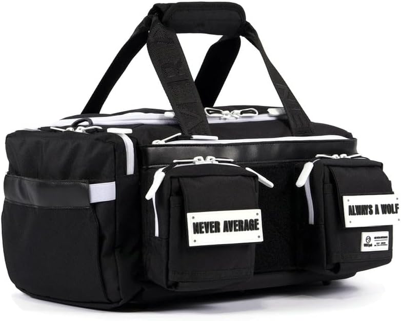 WOLFpak 20L Mini Duffle Bag for Gym & Travel | Waterproof Carry-On Weekender Bag with Shoe Compartment, Hard Bottom, and Tactical Molle System (Black with White Accents)