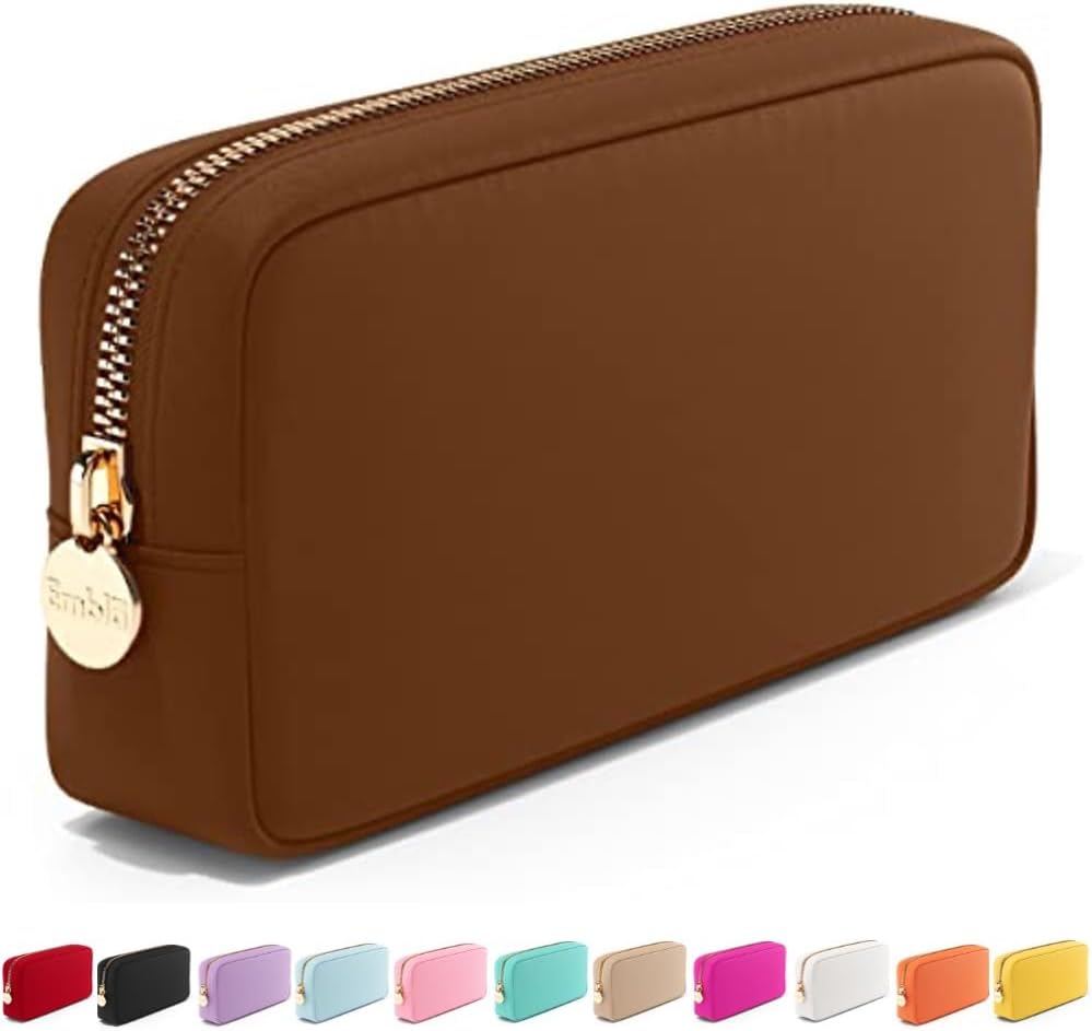 Embla Makeup Bag Travel Cosmetics Pouch and Toiletry Bag, Nylon Zipper Pouch Purse, Cute Make Up Organizer Storage Tote for Women Girls, Waterproof Travel Skincare Case, Small Makeup Bags, Chocolate