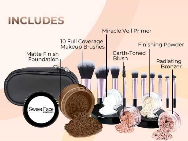 16pc Beginner Mineral Makeup STARTER KIT with 10 BRUSH SET (5gm)Sample Size Foundation, Primer, Blush, Bronzer, Setting Powder for Learning, Occasional Use & First Time Users, Travel Size Kit (Ebony)