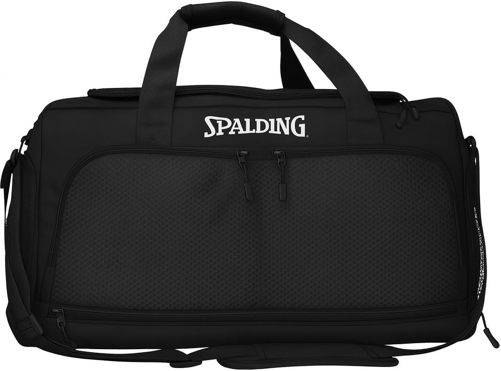 Spalding Gym Bag for Women and Men, Large Sports Duffle Bag with Shoe and Wet Pocket, 10 Zippered Compartments, Waterproof Workout Travel Bags with Adjustable Strap, Lightweight Fitness Duffel, Black