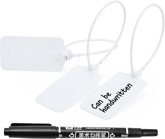 100pcs Luggage Tags Plastic Seals Shipping Label Logistics Use Sign Tie, Sealing Storage Multi Purpose Name ID Tag with Marker for Backpack, Schoolbag, Car Key (White)