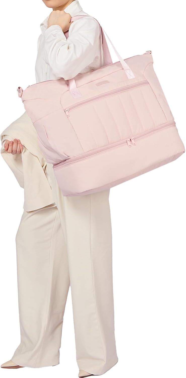 NISHEL Women's 2-in-1 Weekender Duffle Bag, Large Capacity Duffle Bag with Multi-Pocket, Overnight Tote for Travel, Carry On Personal Item, Pink