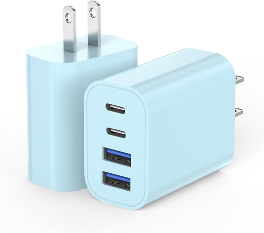 2 Pack 40W USB C Wall Charger,4-Ports Multiport PD Power Adapter & QC Wall Plug, Apple Fast Charging Block,iPhone USBC Charging Brick Compatible with iPhone 17/Air/17 Pro/16/16e/15/Pro Max/14/13(Blue)