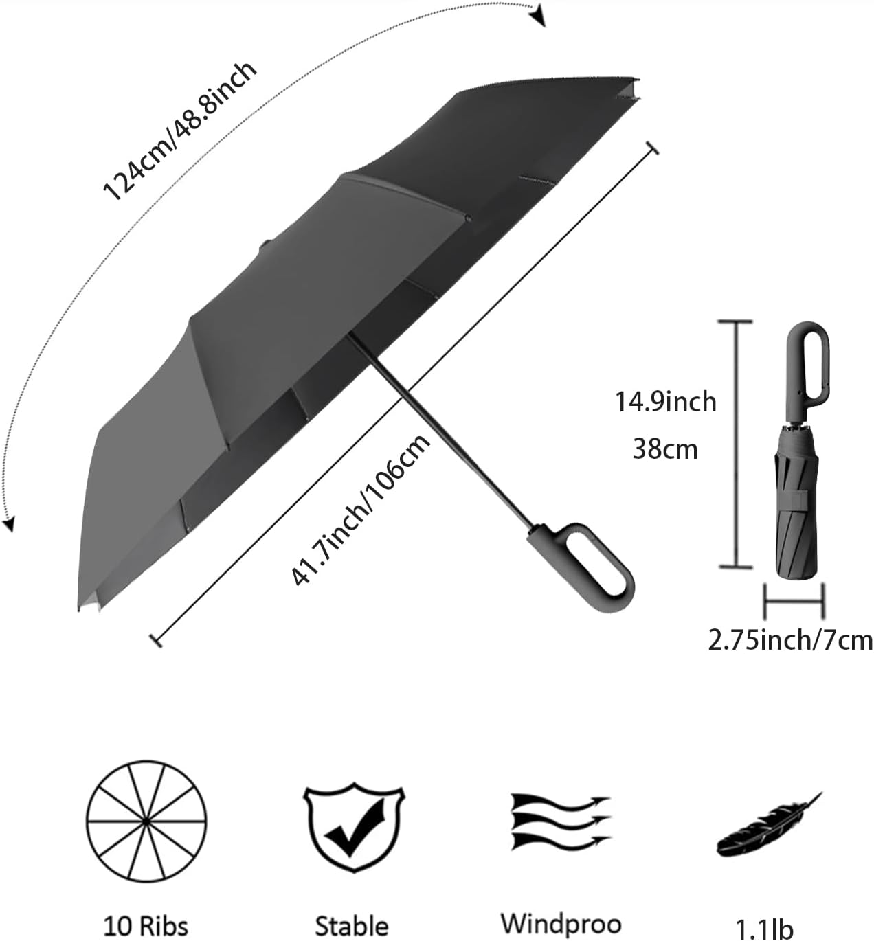 Travel Folding Golf Umbrella 10 Ribs Automatic Open/Close,Lightweight Compact Portable Backpack Car Parasol Outdoor,Sun/Rain,Anti 99 UV Protection UPF 50,Men Women Carabiner Handle Design