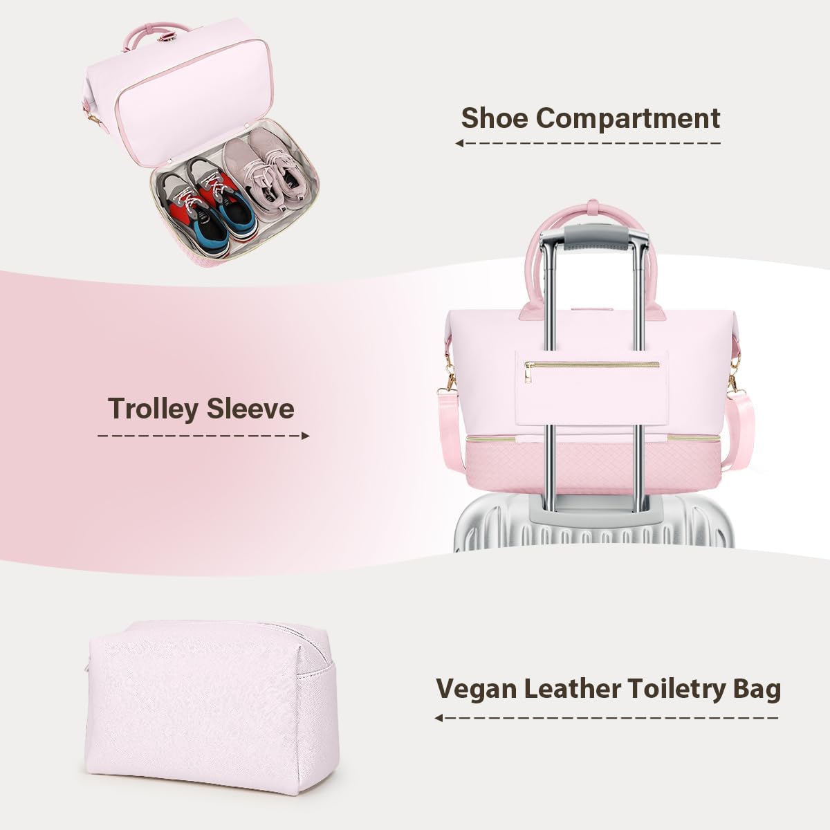 Leather Weekender Bags for Women, Travel Duffel Bag PU Overnight Bag Carry On Tote Bag with Shoe Compartment Wet Pocket