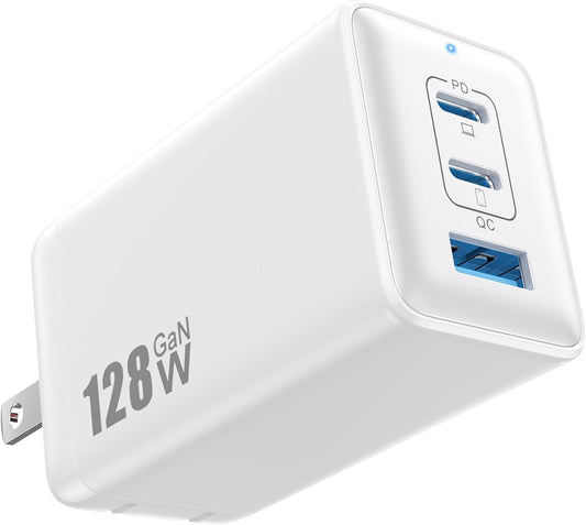 128W USB C Wall Charger,GaN III 3-Port Fast Charging Station,PD QC Foldable Charger Block Portable 65W Laptop Adapter for MacBook Pro/Air,iPad Pro,Galaxy S23,Dell XPS 13,iPhone 17/16/Pro etc