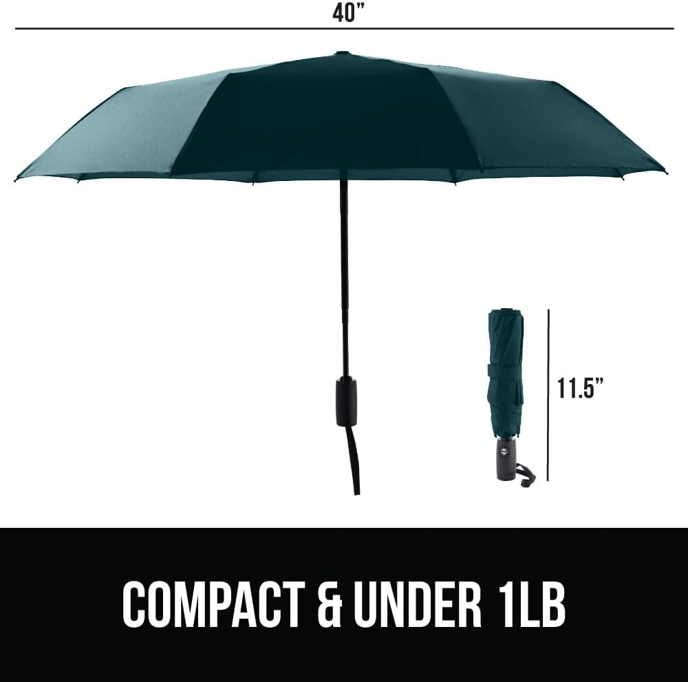 GORILLA GRIP Strong Windproof Stick Compact Umbrella for Rain, One-Click Automatic Open and Close, Durable Quick Dry Waterproof Material, Lightweight, Portable, Travel Size Fits Backpack, Hunter Green