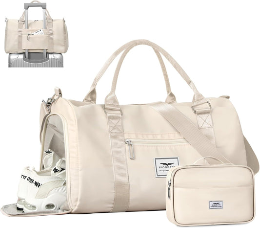 FIORETTO Womens Gym Tote Duffle Bag with Toiletry Bag, Sports Duffel Overnight Hospital Workout Carry on Bag for Girls with Wet Pocket & Shoe Compartment, Ideal for Travel, Swimming, Dance Beige