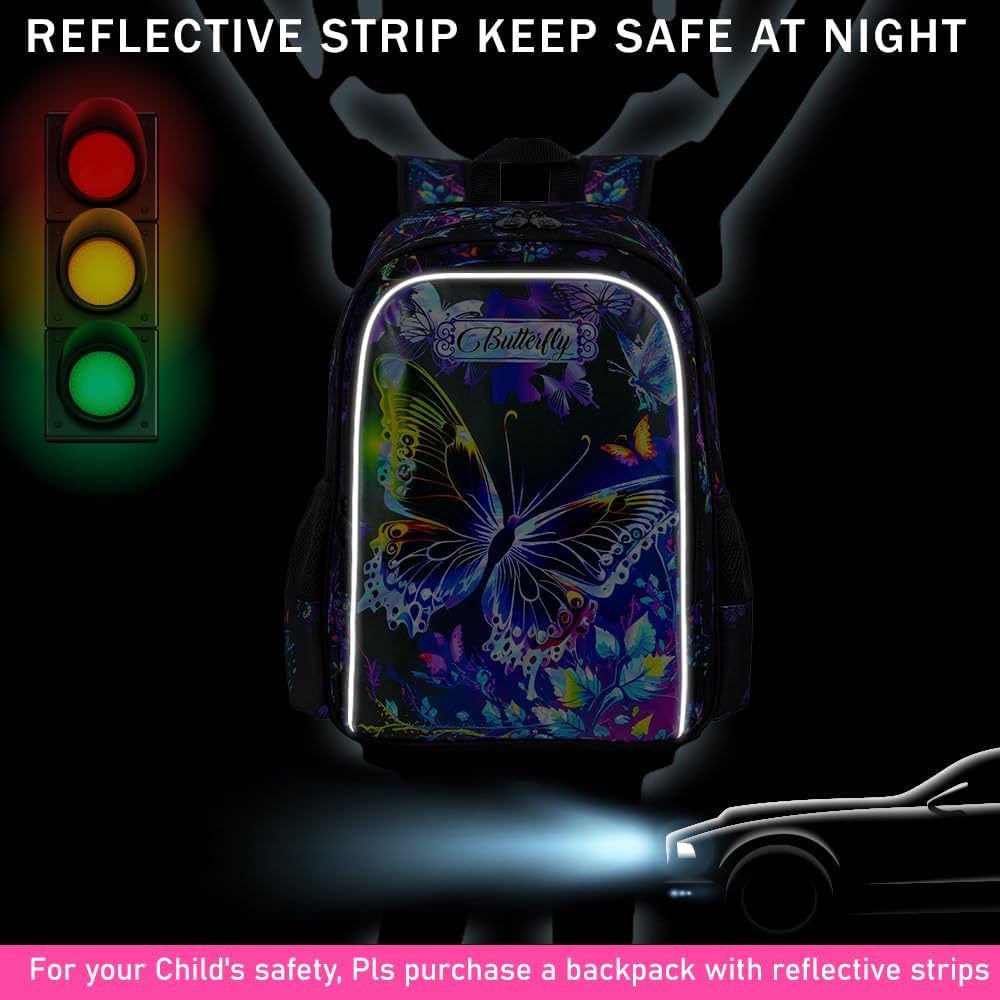 16" Butterfly Backpack for Girls, 3Pcs School Bookbag with Lunch Box, Kids Backpacks Set for Elementary Preschool Kindergarten(Black)