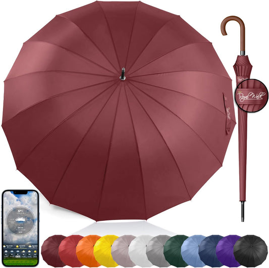 Royal Walk Windproof Large Umbrella for Rain 54 Inch Automatic Open for 2 Persons Wind Resistant Big Golf Umbrellas for Adult Men Women Classic Wooden Handle Fast Drying Strong 16 Ribs Travel 120cm