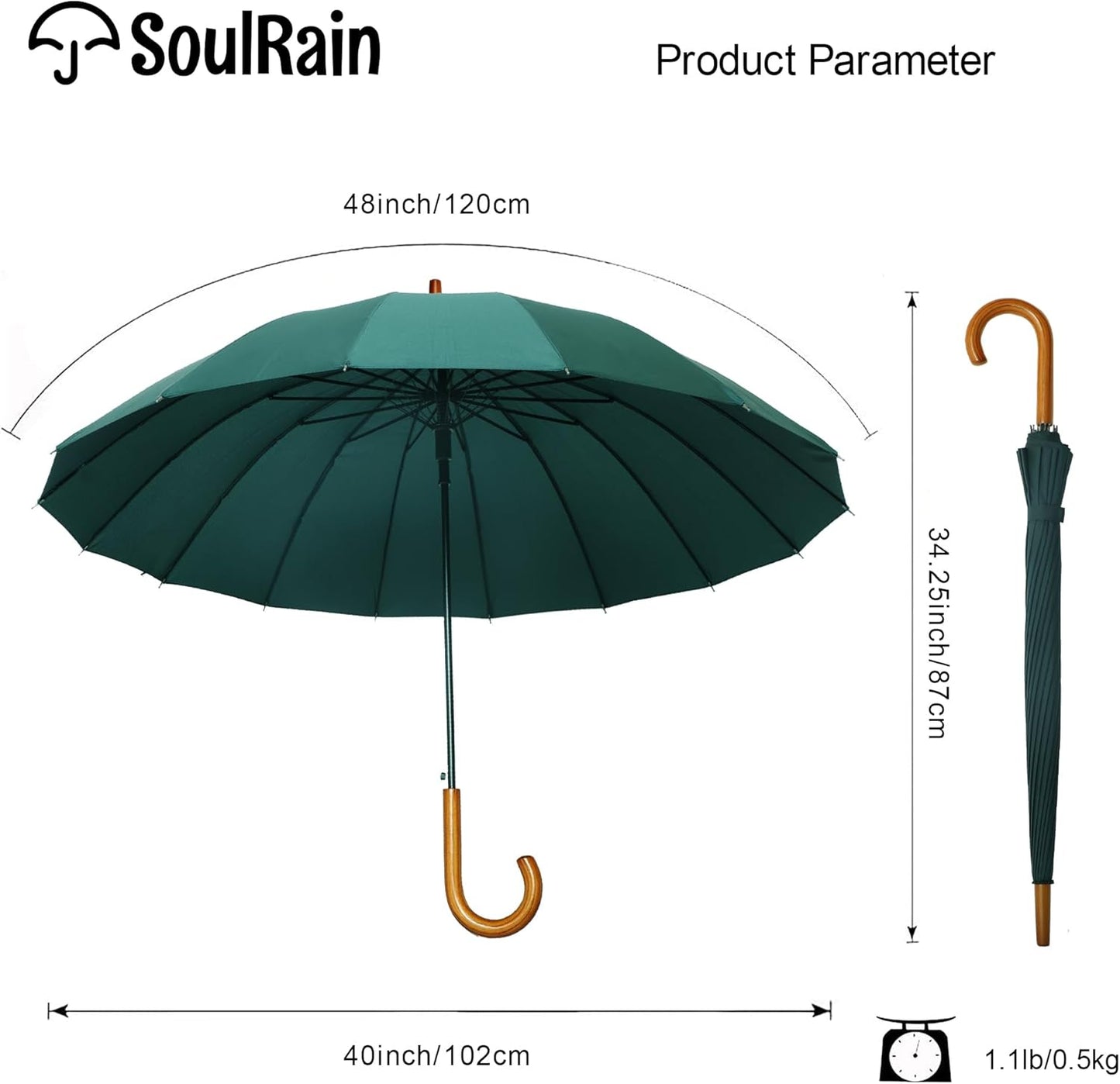SoulRain 16 Ribs 48" Stick Umbrella Auto Open Solid Color Fashionable and Simple，Arc Classic Wood Handle，Windproof Unbreakable Stick Rain Umbrella