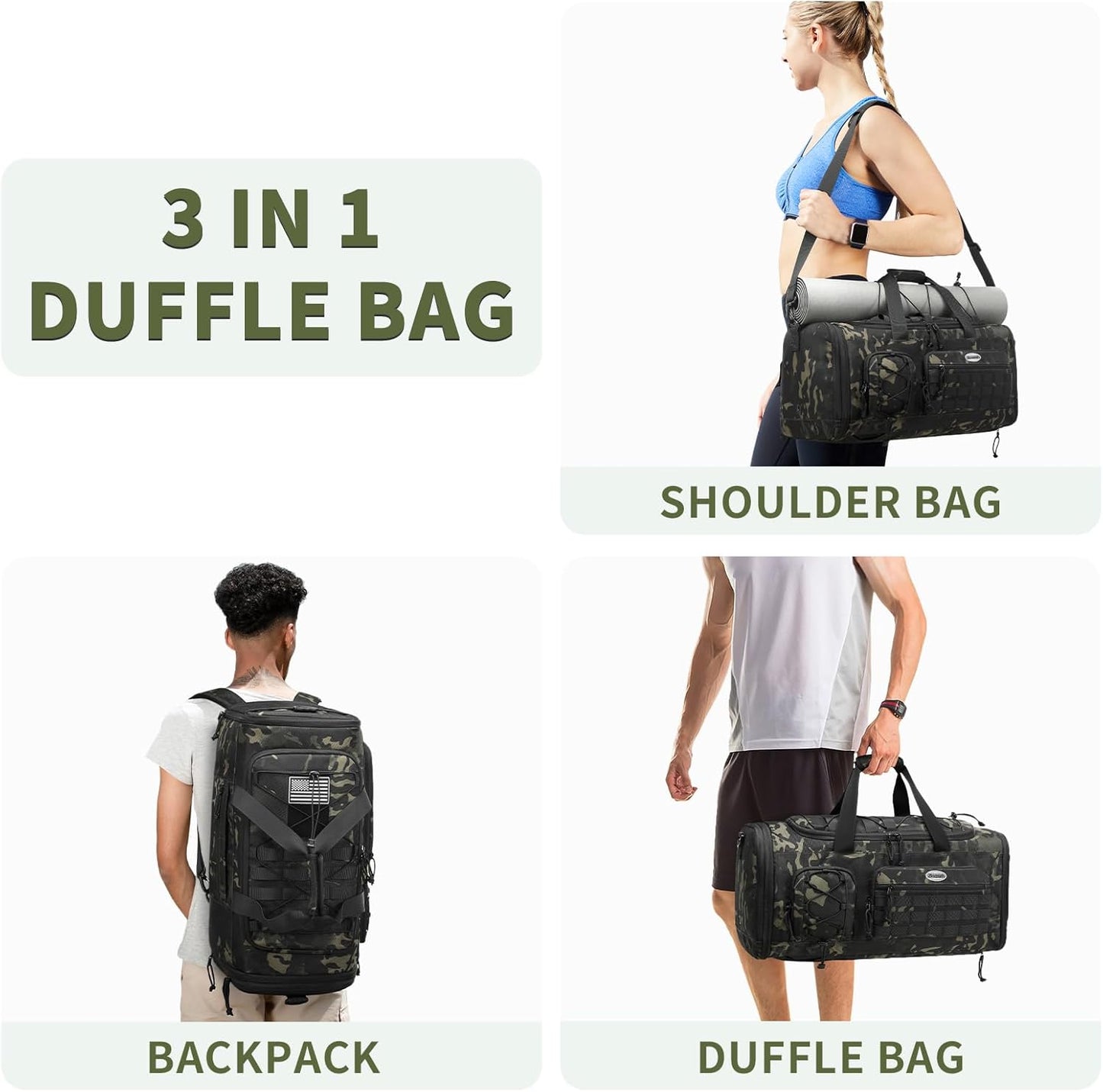 Bosstin Gym Bag for Men & Women,45L Travel Duffle Sports Duffel Bag Gym Weekender Overnight Backpack with Shoe Compartment (GREEN CAMOUFLAGE)