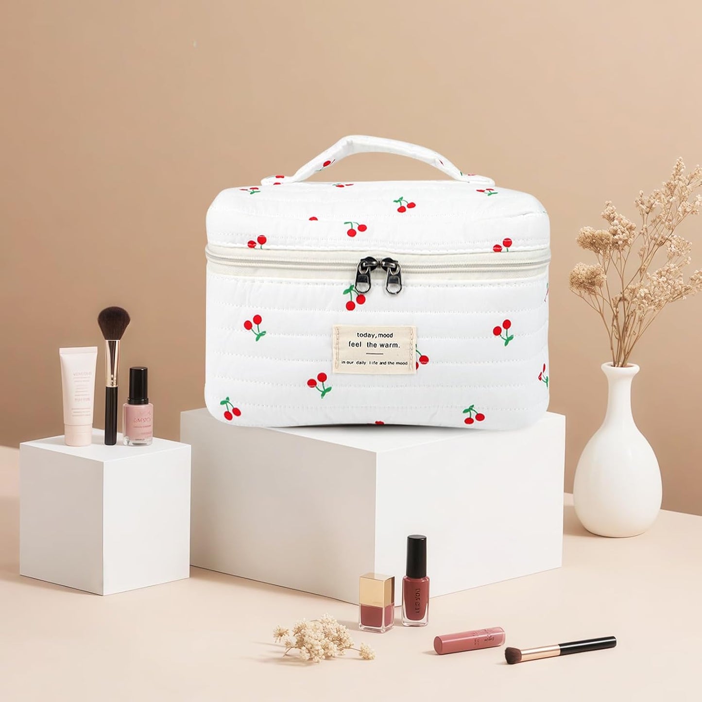 Large Travel Quilted Makeup Bag for Women, Floral Cotton Cosmetic Bag Cute Coquette Aesthetic Floral Toiletry Organizer Bag for Girls Cherry Flower Cosmetic Zipper Storage Bag
